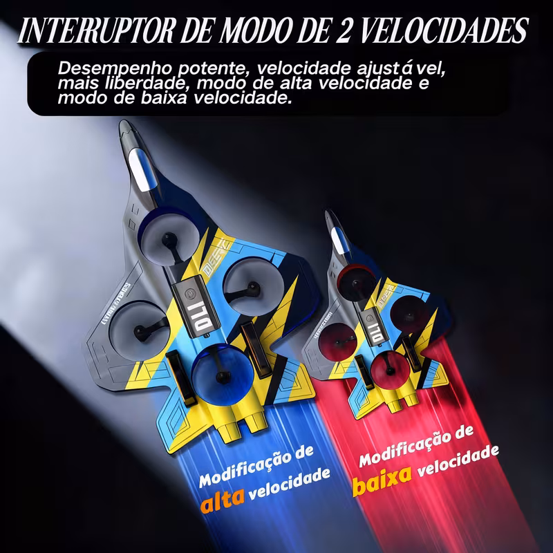 Demonstração do interruptor de duas velocidades do drone DLI V32, mostrando uma trajetória rápida em azul e uma mais lenta em vermelho.