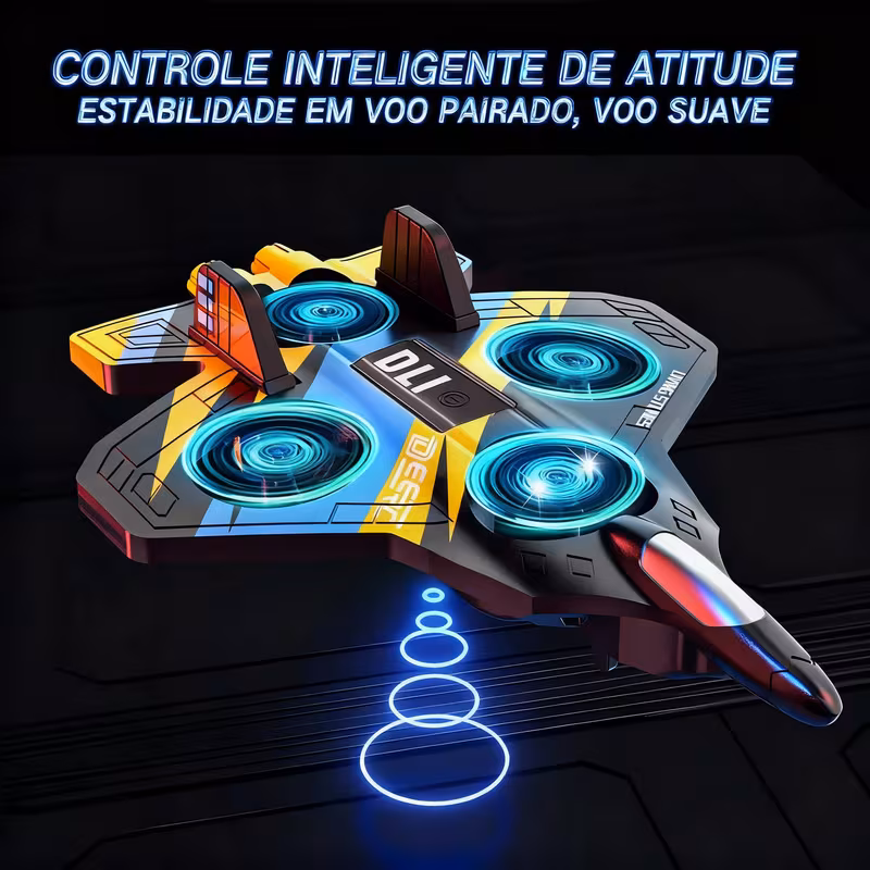 Drone DLI V32 pairando no ar com luzes LED azuis brilhantes ao redor de suas quatro hélices sob o texto Controle Inteligente de Atitude.