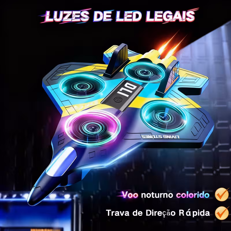 Drone telecomandado DLI V32 voando à noite com LEDs coloridos em tons de rosa, verde e azul sob o título Luzes de LED Legais.