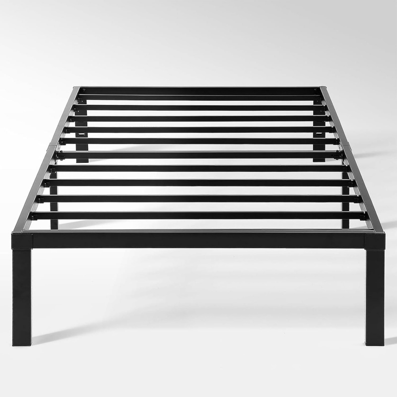 Estrutura de cama de solteiro KODI em metal preto com ripas horizontais de suporte, vista de frente e em ângulo baixo, destacando a solidez do material e o acabamento.