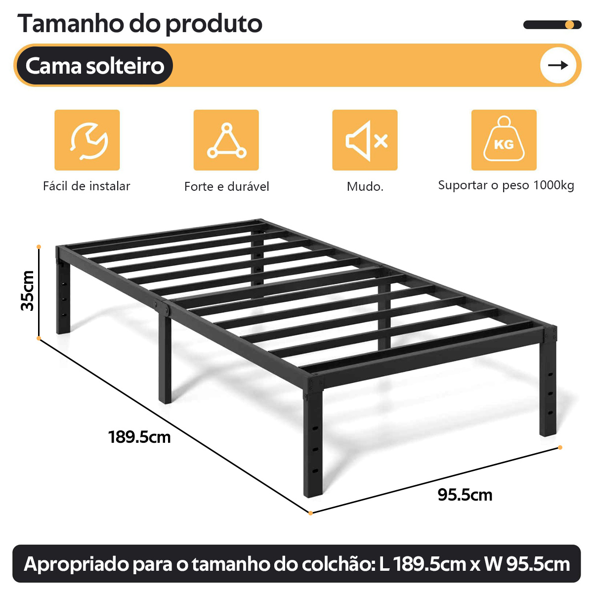 Diagrama técnico da estrutura de cama de solteiro KODI preta, exibindo suas dimensões de 189.5cm de comprimento, 95.5cm de largura e 35cm de altura, junto com ícones indicando fácil instalação, força, operação silenciosa e suporte de 1000kg.