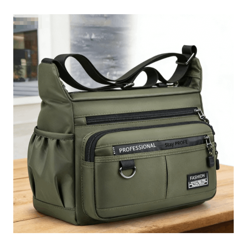 Bolsa transversal de luxo na cor verde oliva com múltiplos compartimentos externos e alça ajustável