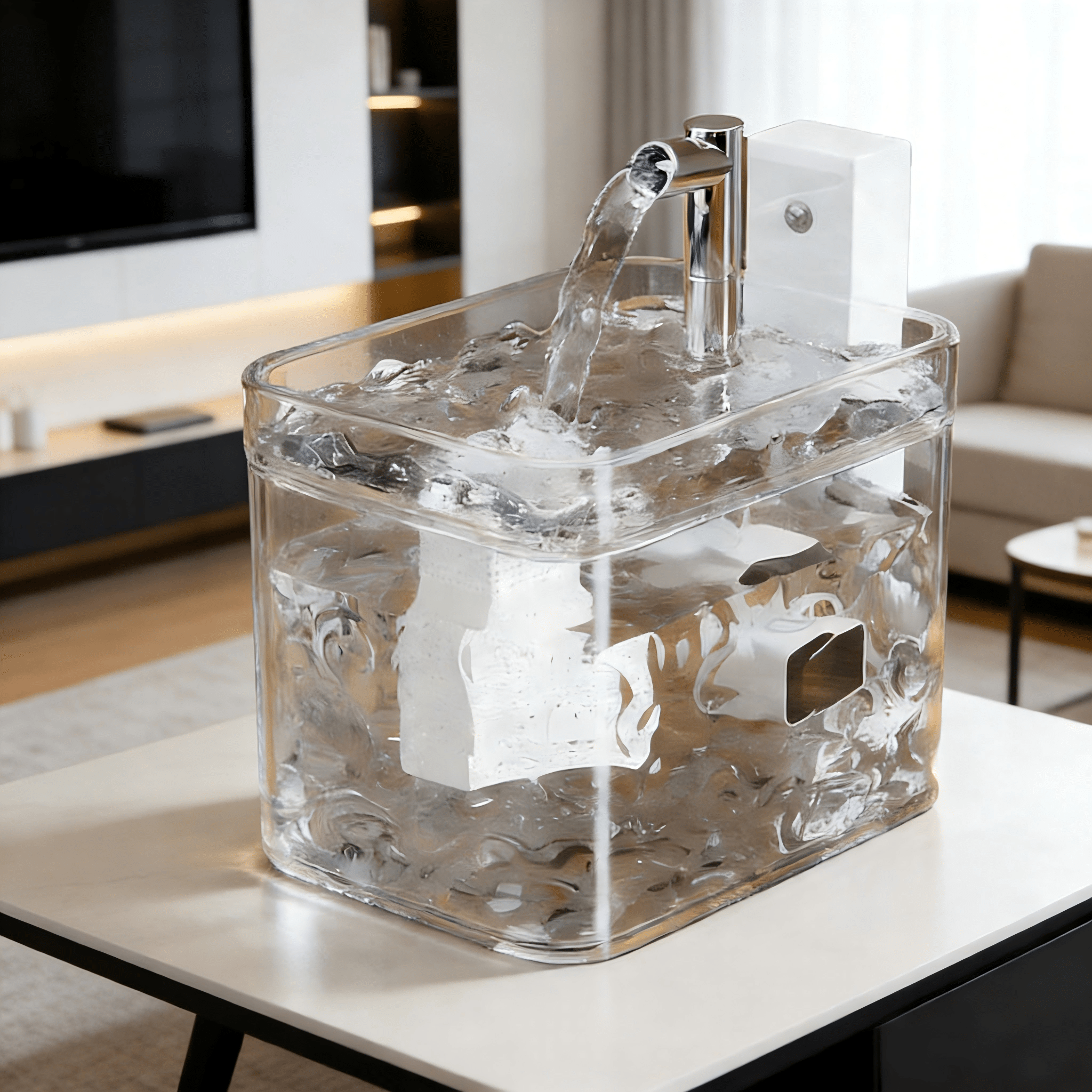 Bebedouro transparente de 1.5L com fonte de água em ambiente de sala de estar