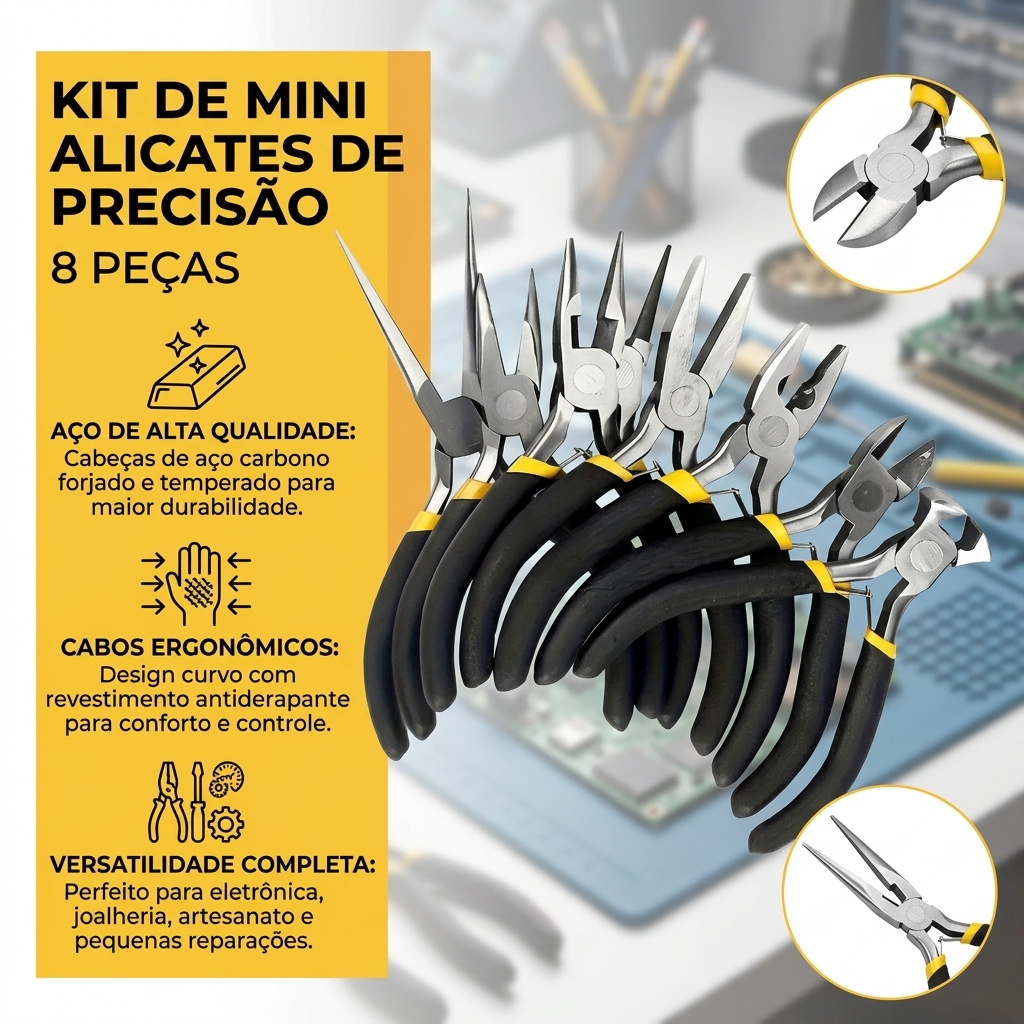 imagem do item conjunto de alicates de   com 8 peças,   em aço   resistência, alças ergonômicas antiderrapantes,   modelos de  , ideal para trabalhos de  , eletrônica, artesanato e    .