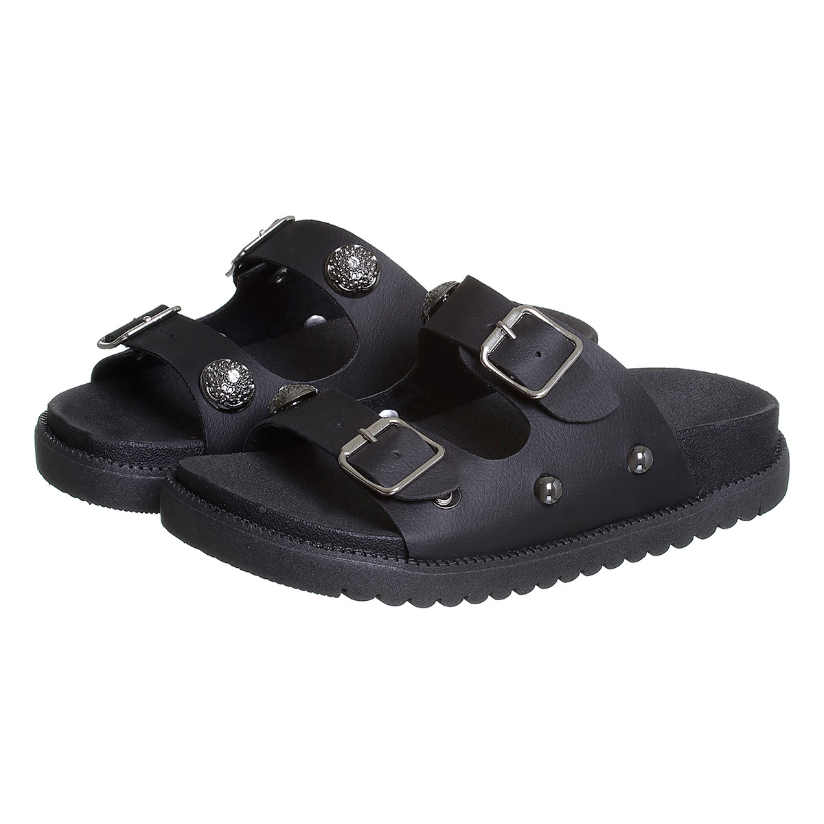 Par de chinelos infantis femininos pretos Kidstep com duas fivelas e detalhes em metal, vistos de cima.