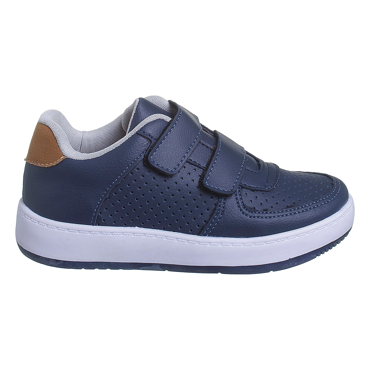 Tênis infantil Kidstep azul marinho com fecho em velcro e solado branco visto de perfil.