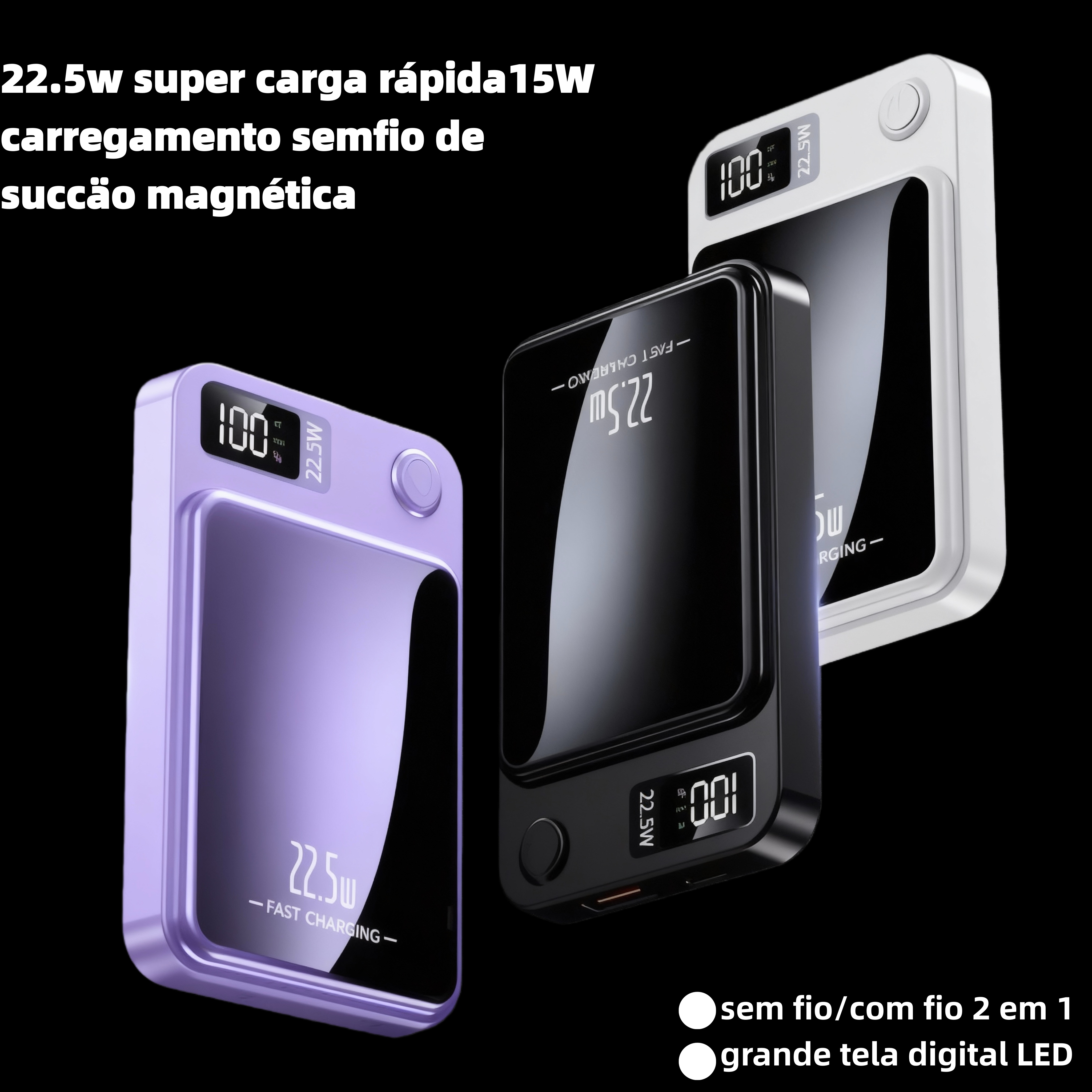 Carregador portátil preto com superfície magnética