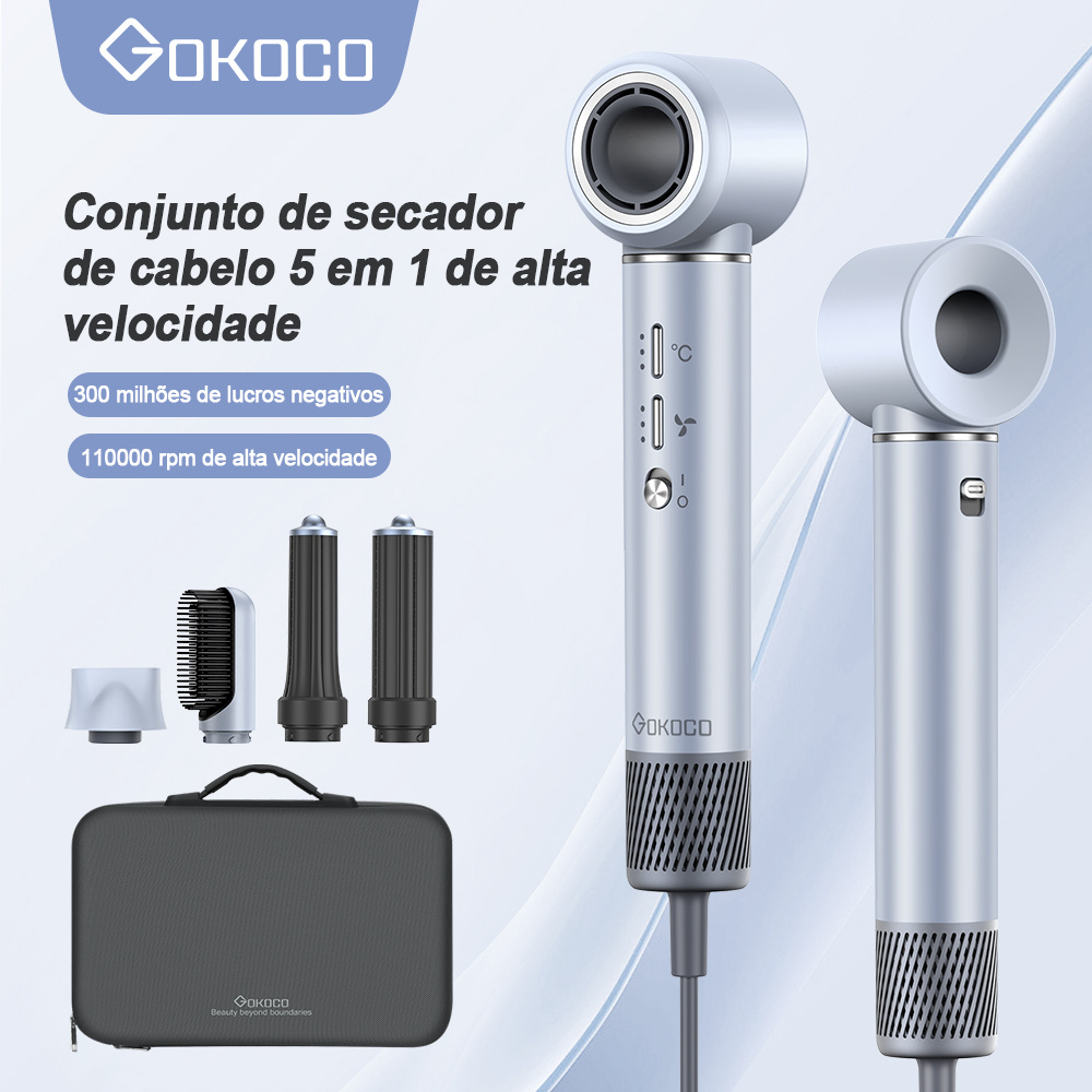 Kit completo do secador GOKOCO 5 em 1 em prata com cinco acessórios modeladores e estojo de luxo cinza