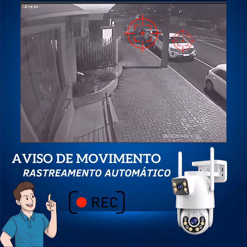 Interface de monitoramento de câmera em preto e branco mostrando detecção e rastreamento de movimento de carro, com uma pessoa e a câmera em destaque.
