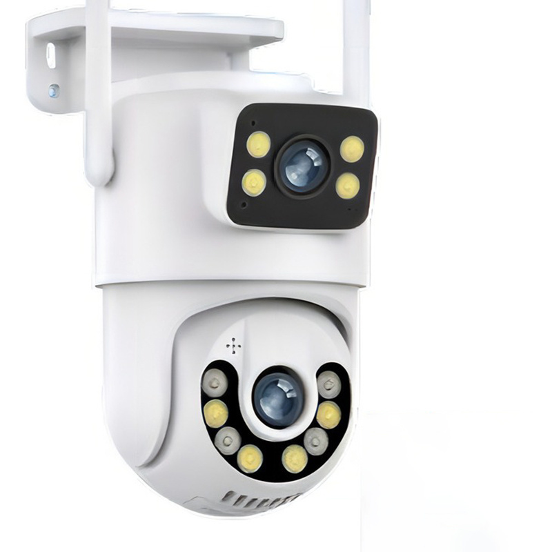 Câmera de segurança WiFi externa branca com dupla lente e LEDs infravermelhos, vista frontal em fundo branco.