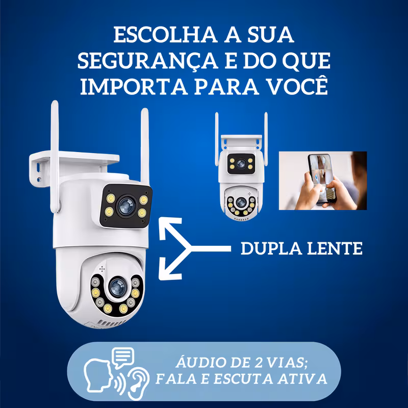 Câmera de segurança externa branca destacando recursos de dupla lente e áudio bidirecional, com imagem de celular exibindo monitoramento.