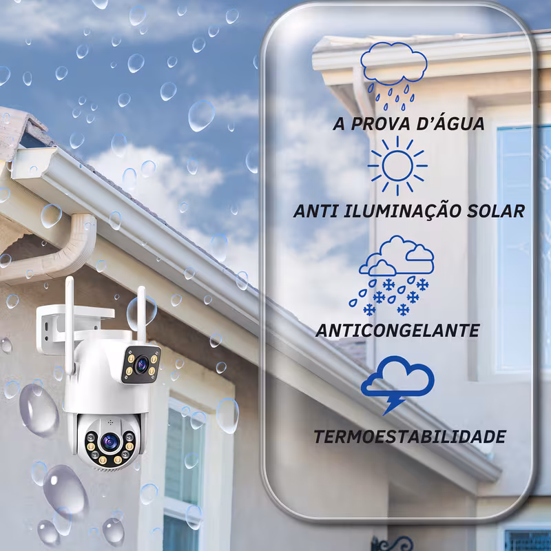 Câmera de segurança externa branca montada sob calha, ilustrando resistência à água, anti-iluminação solar, anticongelante e termoestabilidade.