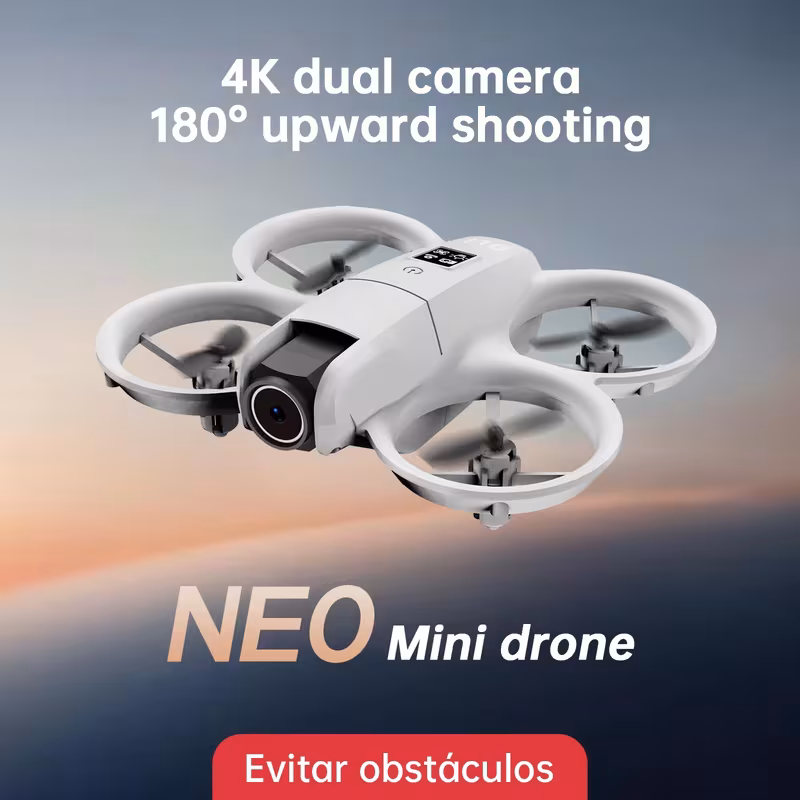 Vista superior do drone DLI Neo com indicação de câmera 4K e modo de voo