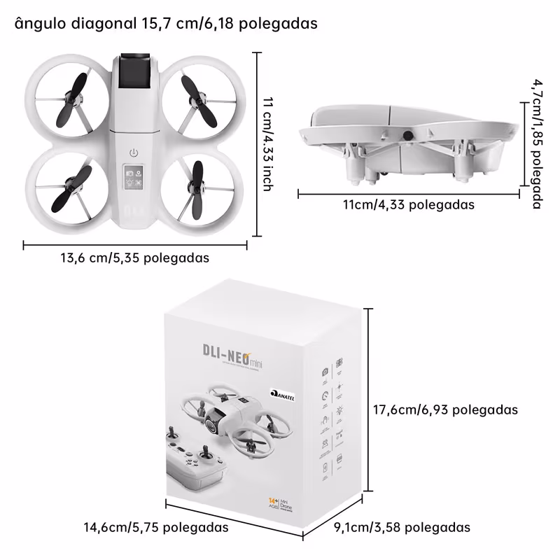 Diagrama técnico com as medidas e dimensões detalhadas do drone e da caixa