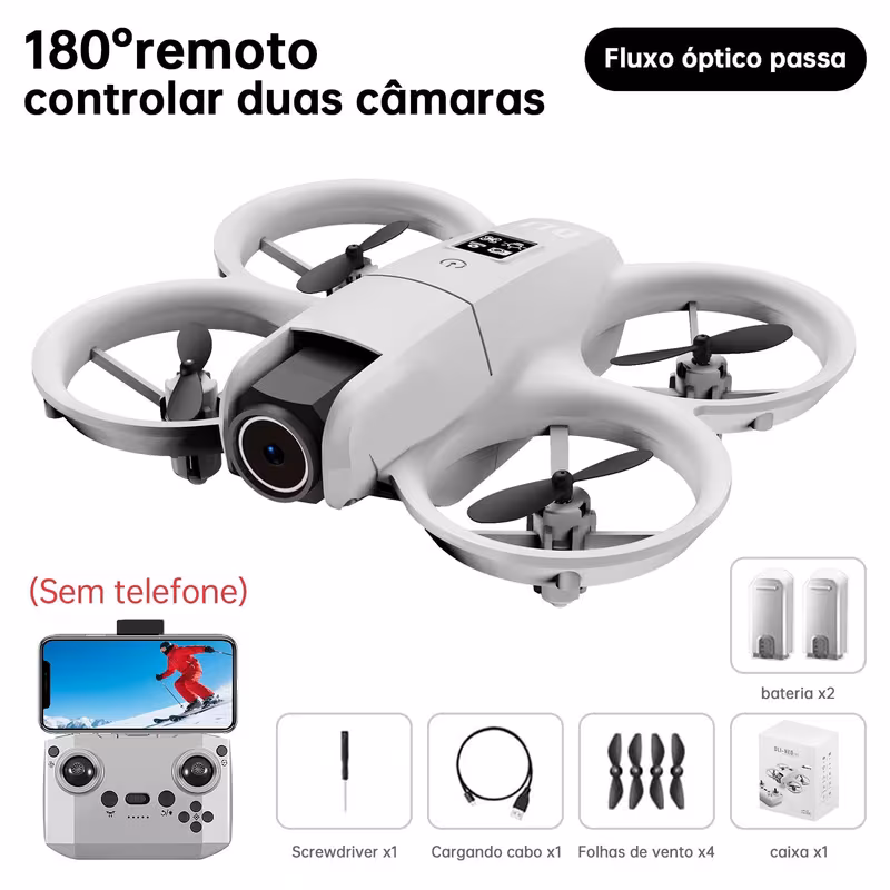 Drone DLI Neo posicionado ao lado do controle remoto e acessórios como chaves e hélices extras