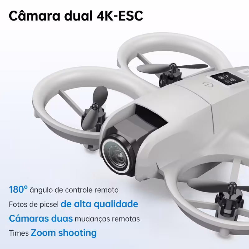 Close da parte frontal do drone DLI Neo destacando a câmera 4K e o design das hélices