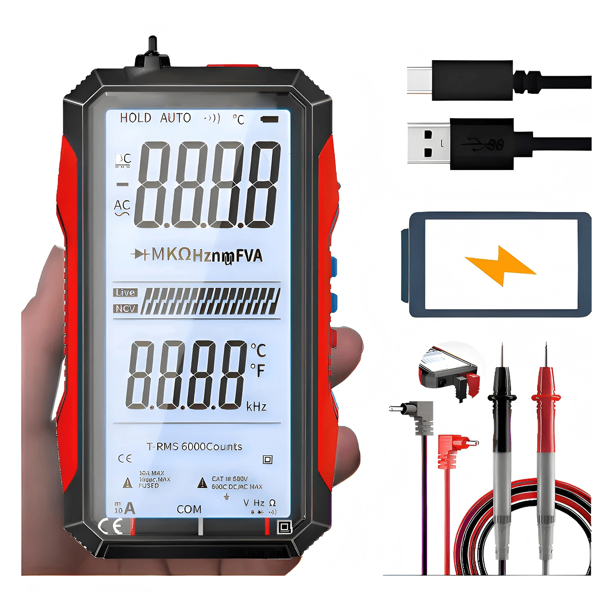 TEMU Multímetro Digital,Multímetro Digital Automotivo,com Iluminação Bip Profissional Portátil,6000 contagem digital visor Lc Sobrecarga - Voltagem,