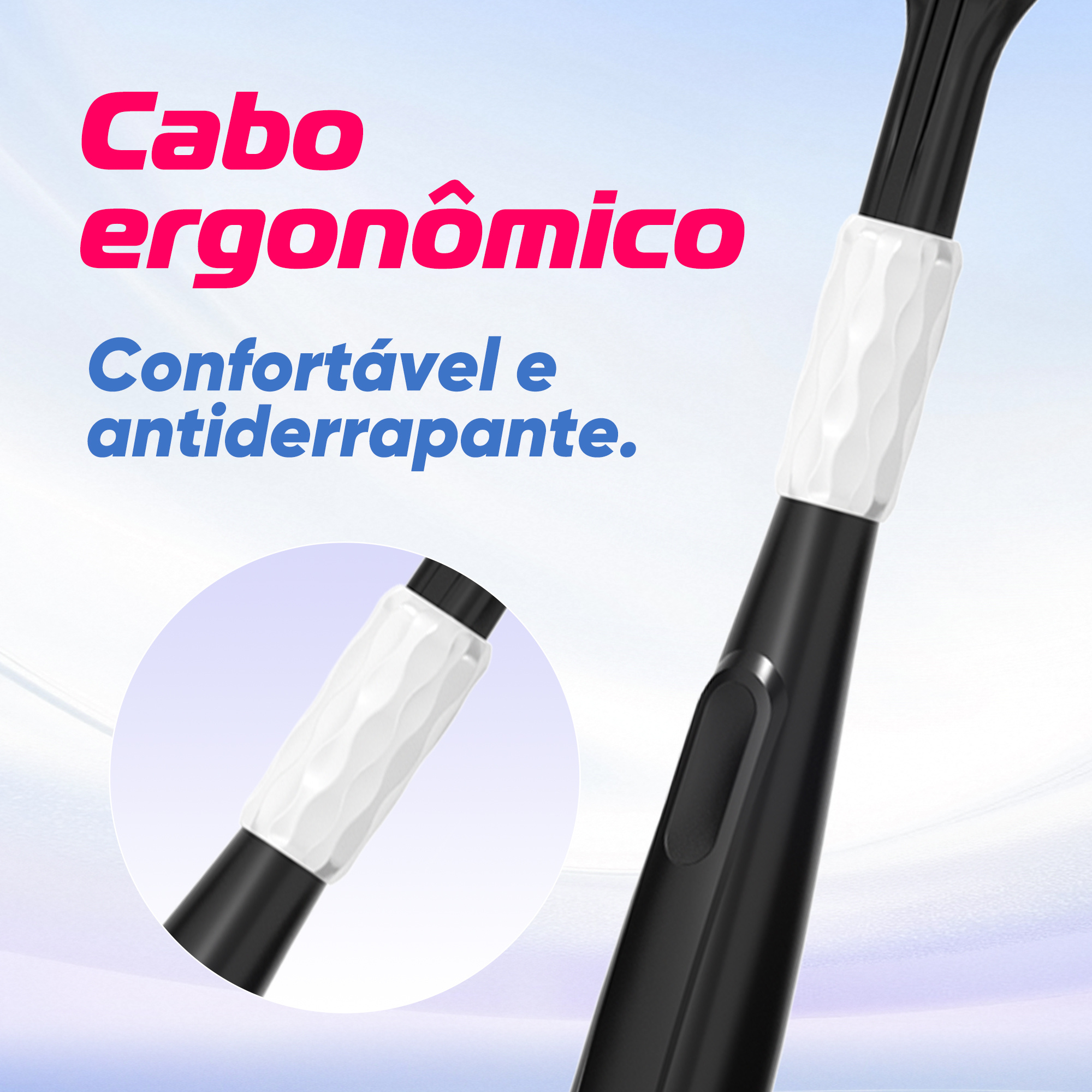 Detalhe do cabo ergonômico e antiderrapante da escova OralGos na cor preta