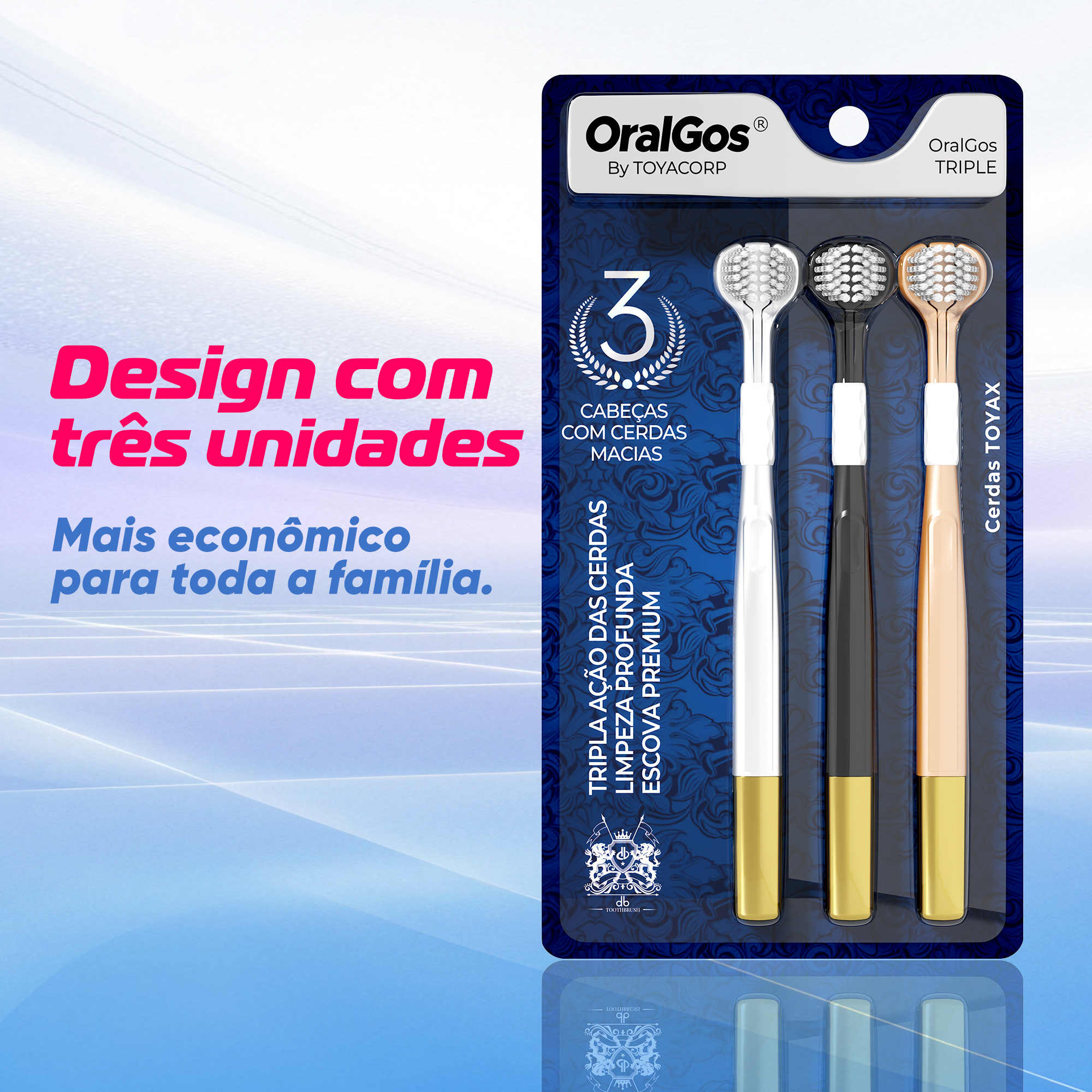 Embalagem do kit OralGos destacando o design de três unidades e o benefício de limpeza profunda