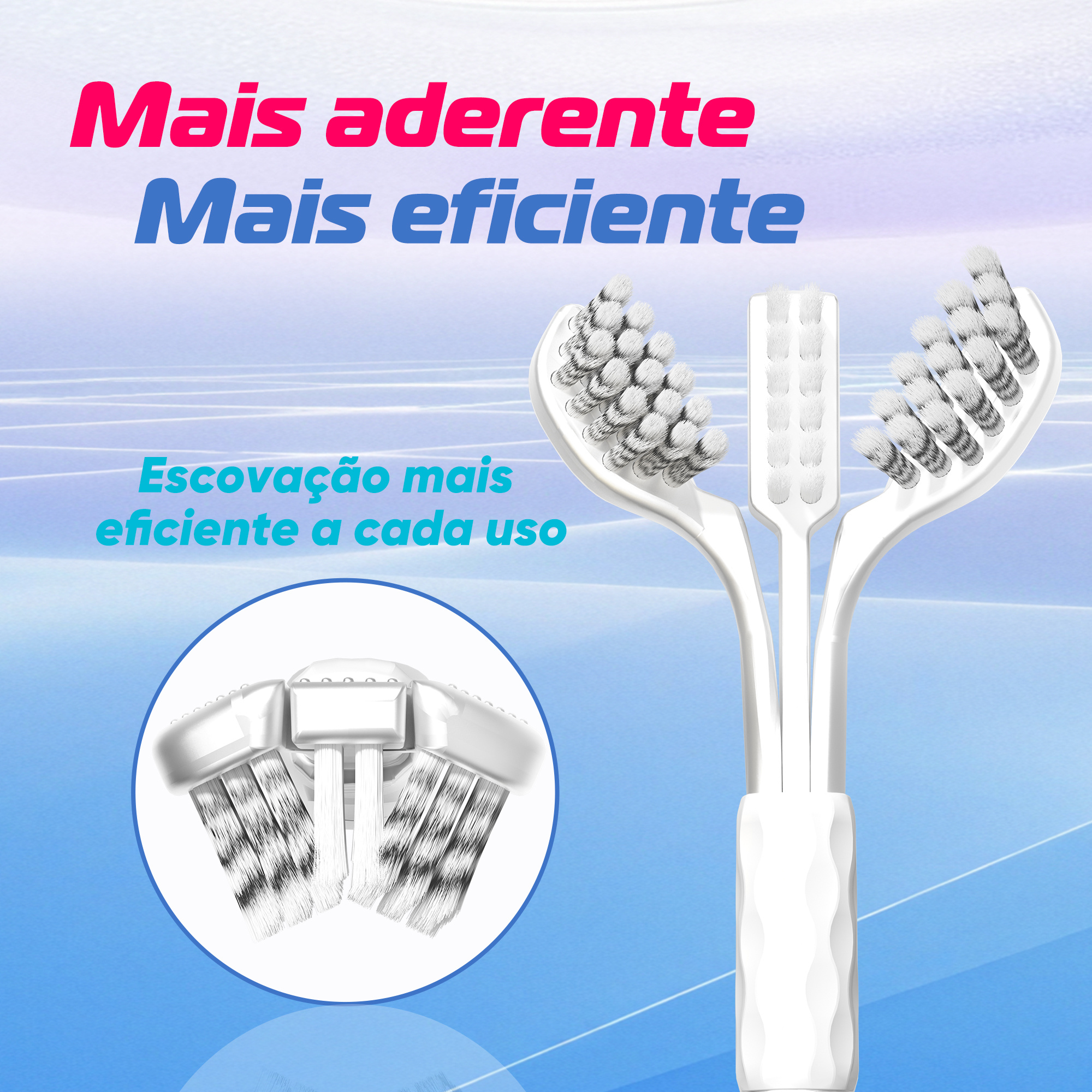 Ilustração técnica do design de três faces da escova OralGos