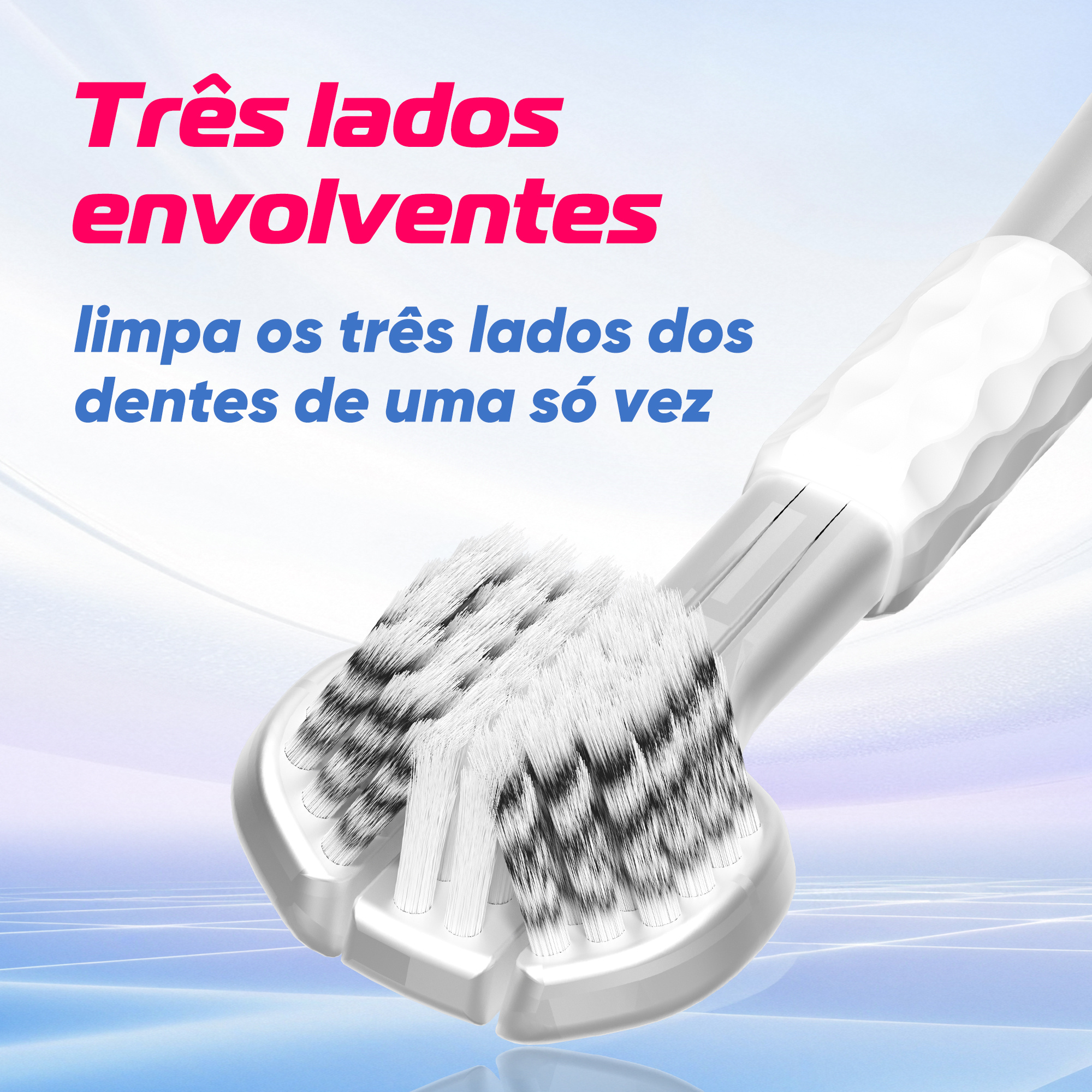 Close da cabeça da escova OralGos com cerdas dispostas em três lados para limpeza envolvente
