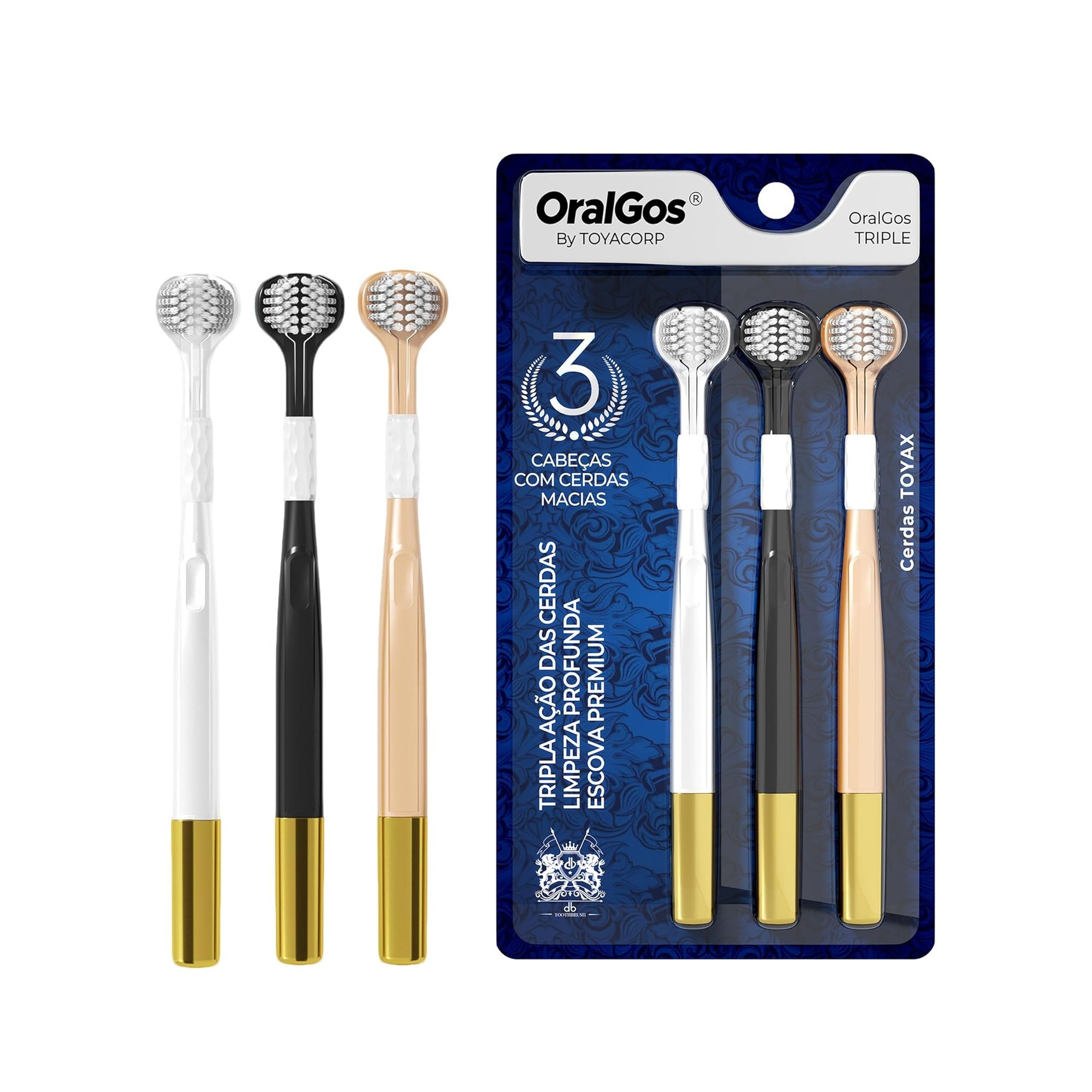 Kit com três escovas de dente OralGos em embalagem blister, cores branca, preta e dourada