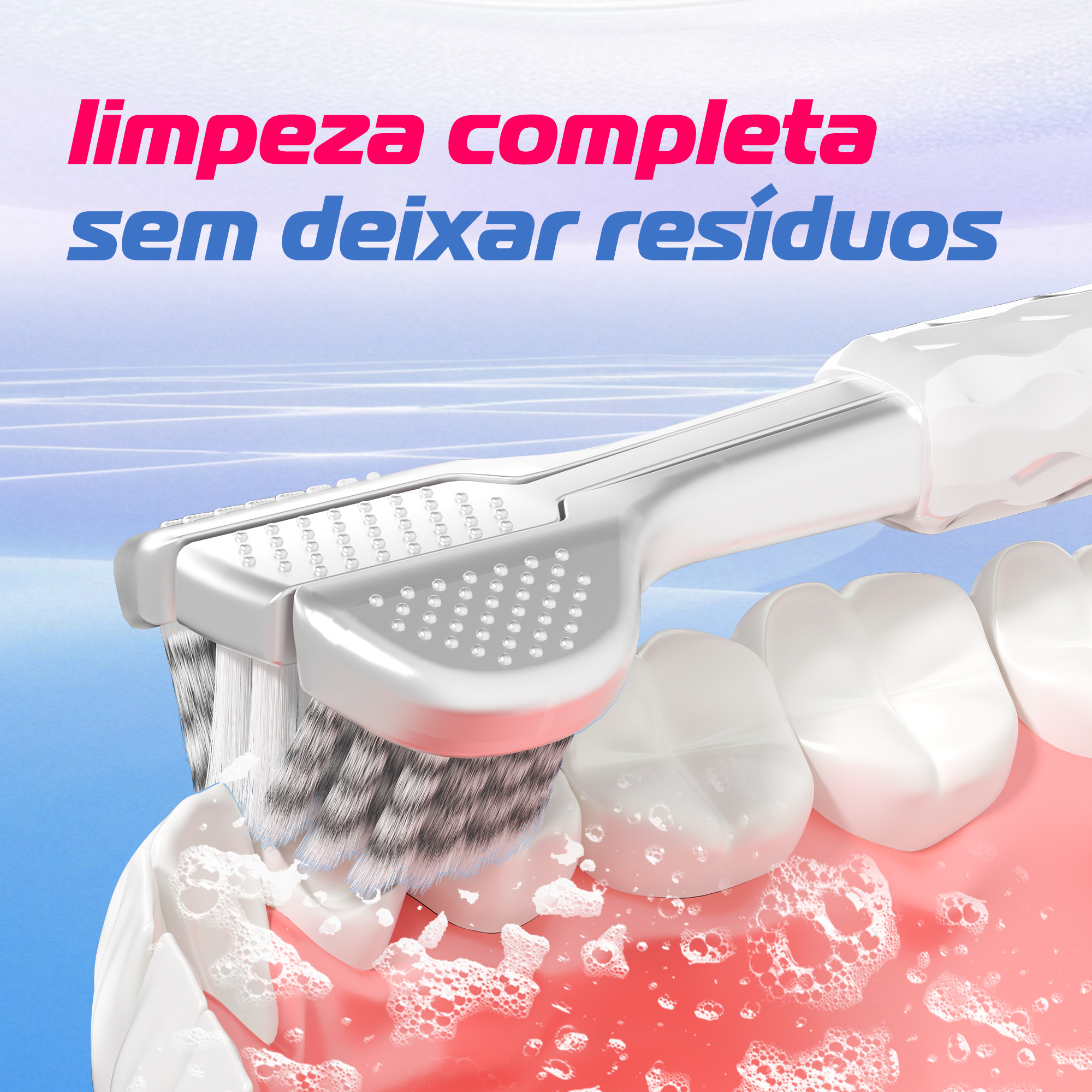 Demonstração visual da escova OralGos limpando dentes com espuma dental