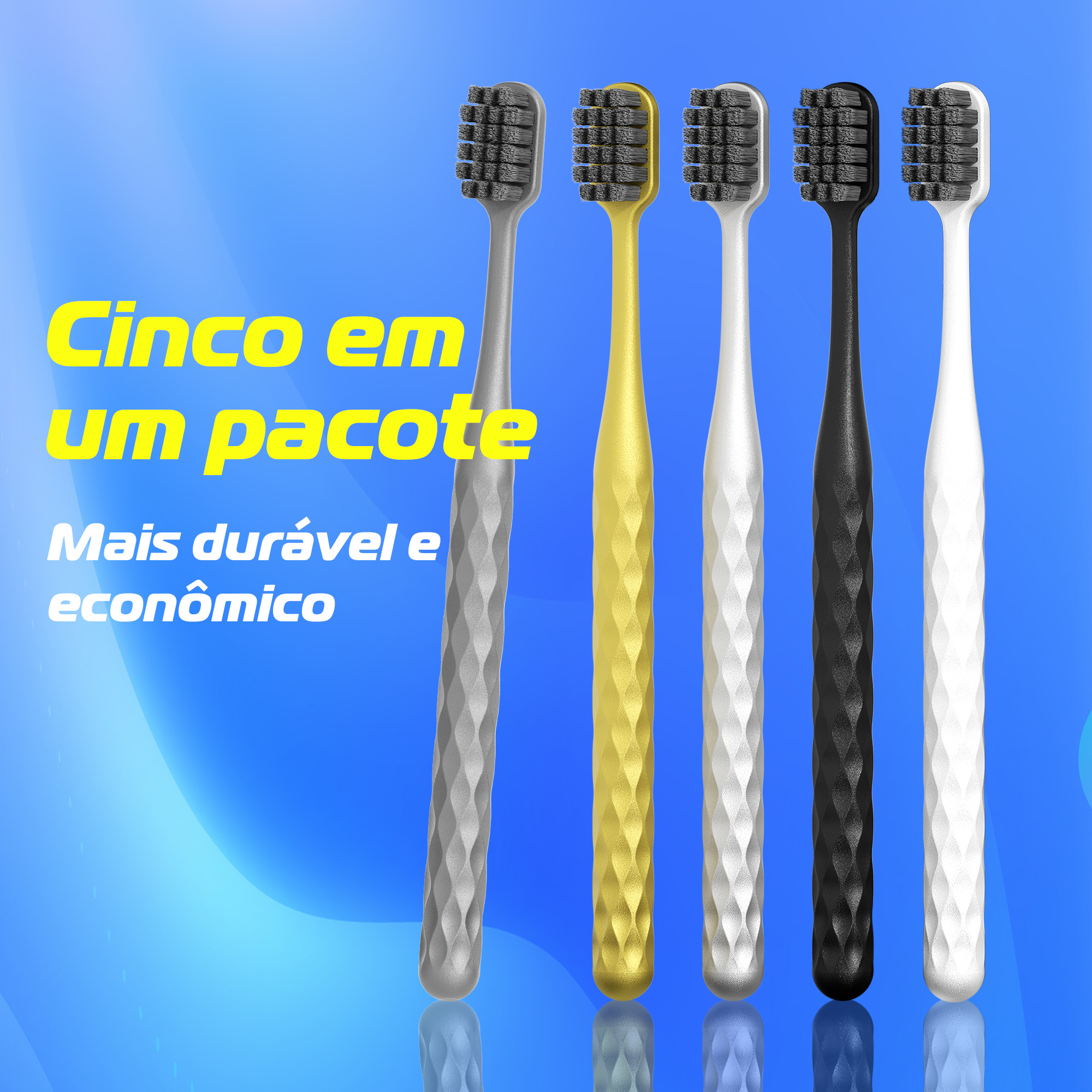 Conjunto de 5 escovas de dente OralGos em cores variadas dispostas lado a lado