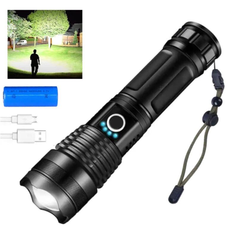 Lanterna tática preta com lente de LED