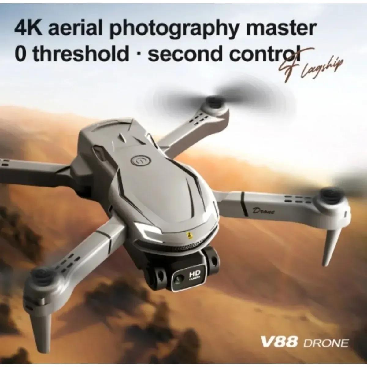 Drone V88 cinza voando em ambiente externo com texto promocional sobre fotografia aérea 4K.