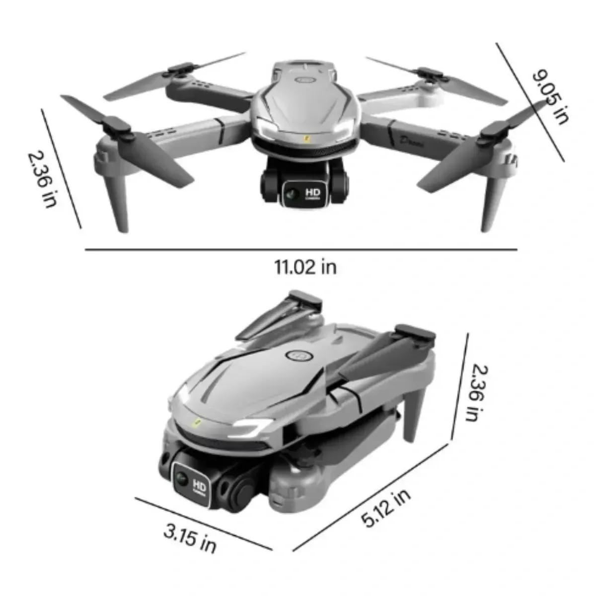 Comparativo de dimensões do drone V88 nas posições aberto e dobrado, com medidas em polegadas.
