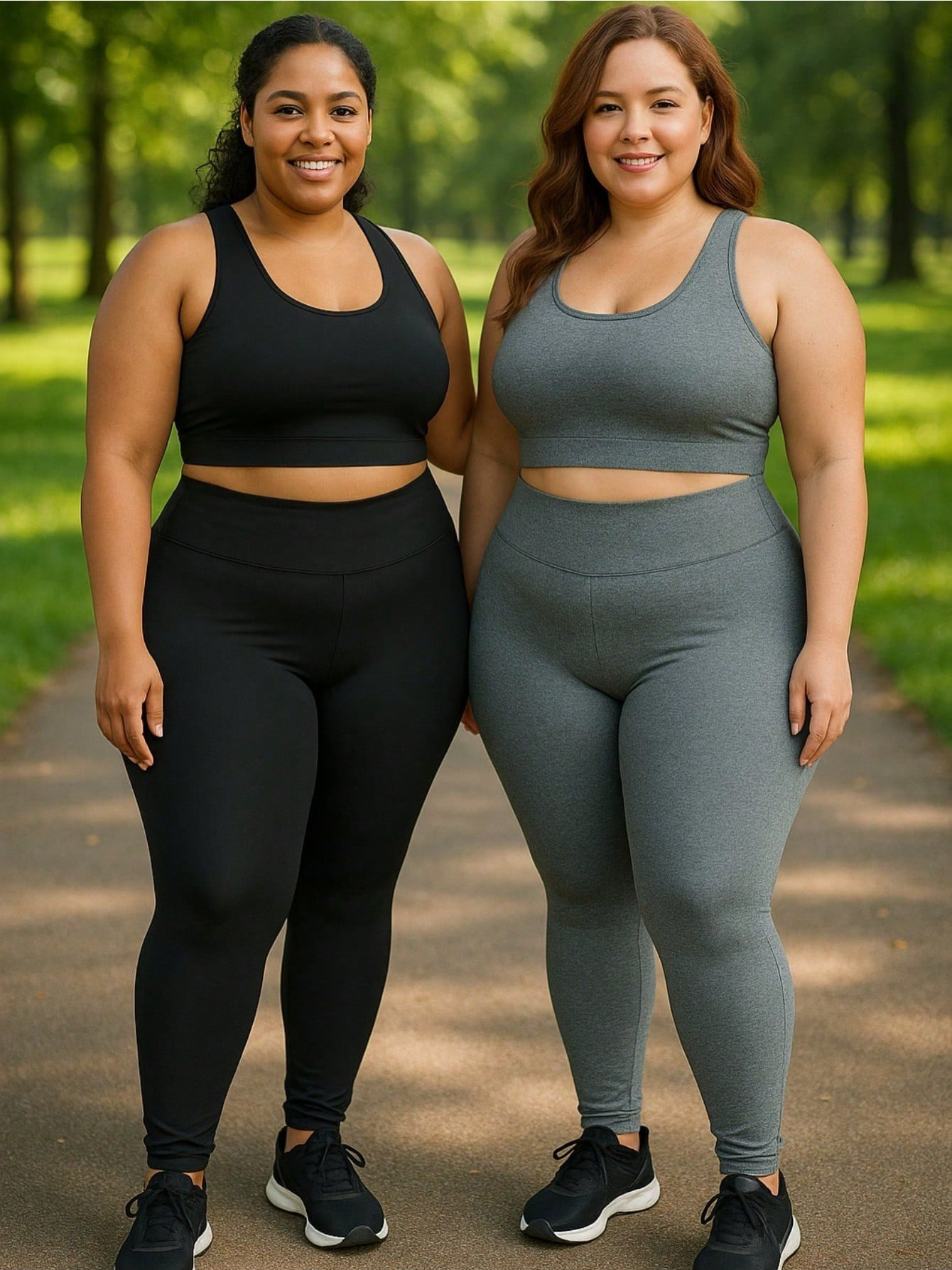 Duas modelos plus size vestindo conjuntos de top e calça legging, uma na cor preta e outra na cor cinza, em um ambiente externo.