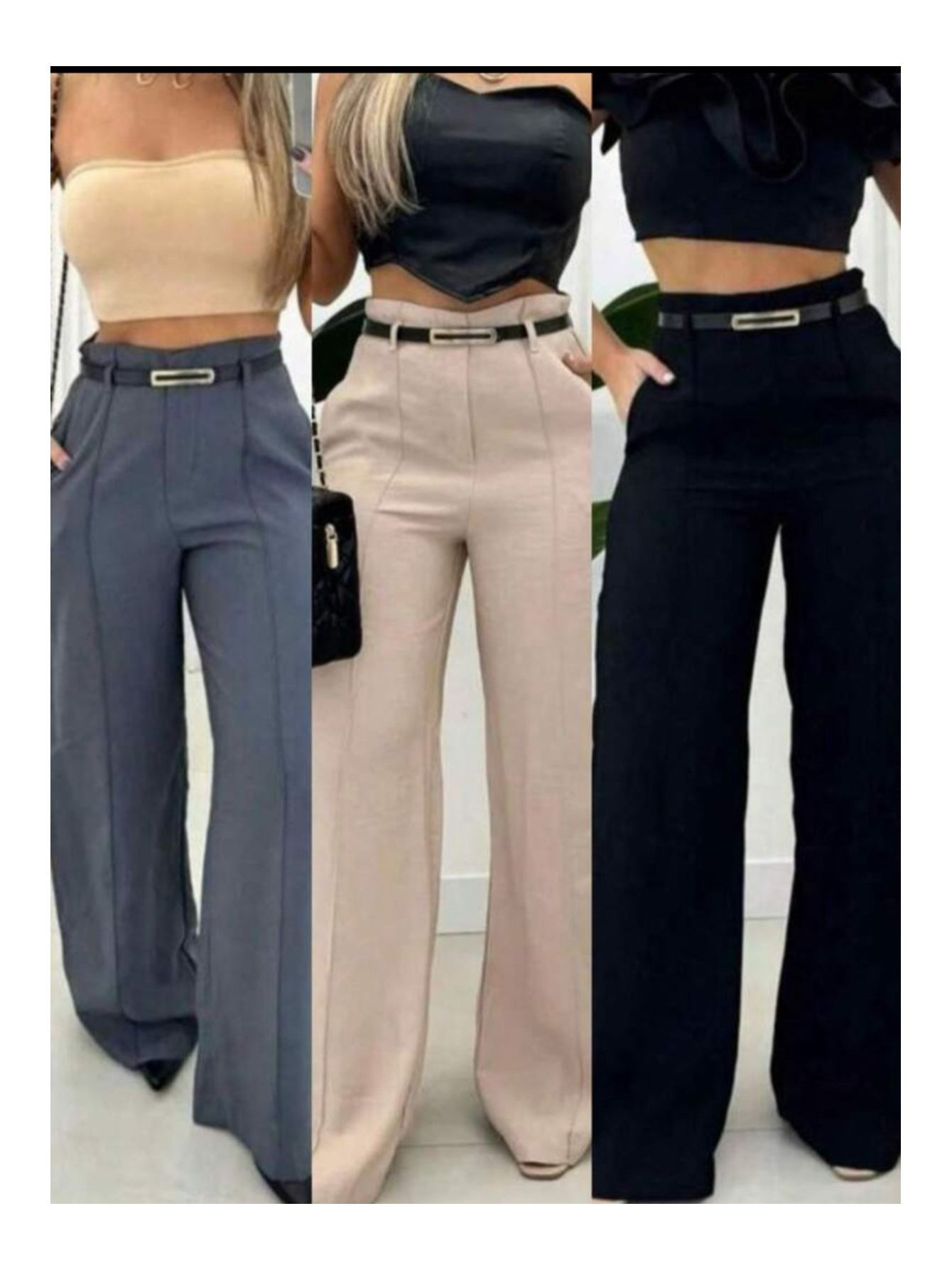 Três modelos de calças pantalona de alfaiataria com cinto, nas cores cinza, bege e preto, exibidas lado a lado