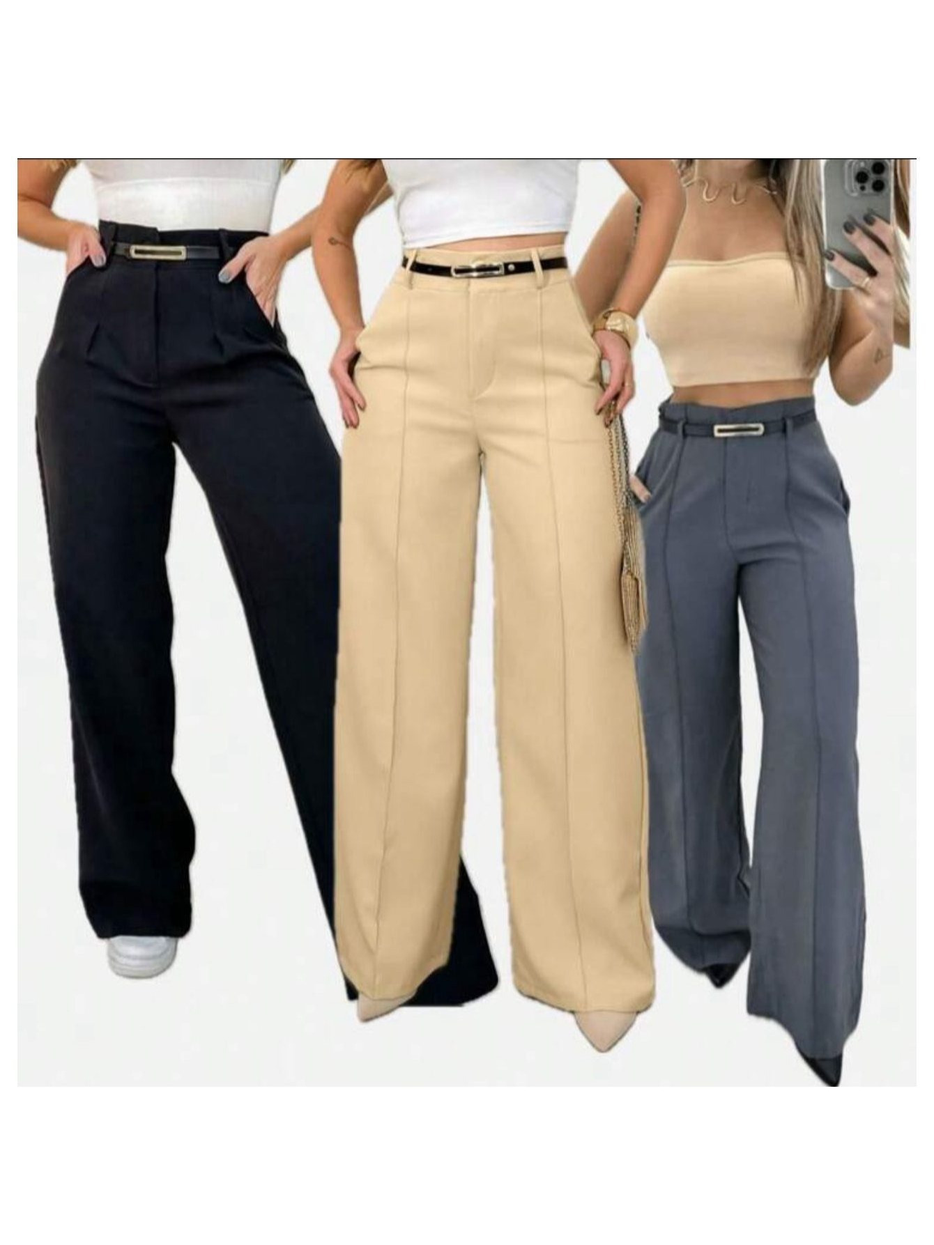 Três calças pantalona de alfaiataria com cinto, nas cores preta, bege e cinza, apresentadas em composição vertical