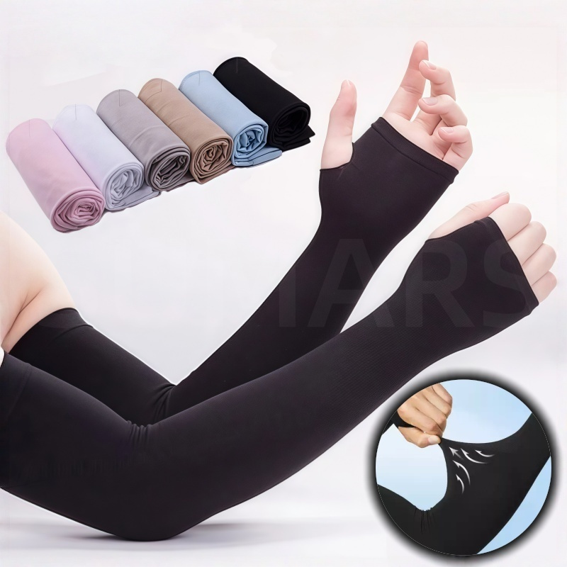 Manguito preto com encaixe para o polegar e amostras de cores como rosa, cinza e azul