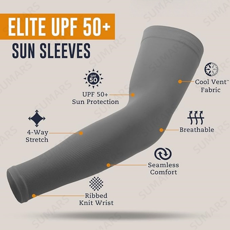 Diagrama de manguito cinza destacando proteção UPF 50+, conforto sem costura e tecido respirável