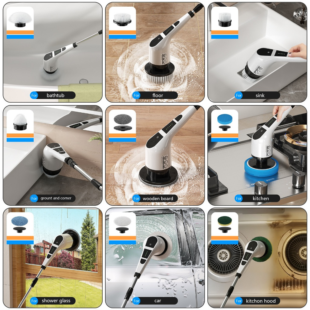 Painel comparativo com nove tipos diferentes de escovas e acessórios para limpeza