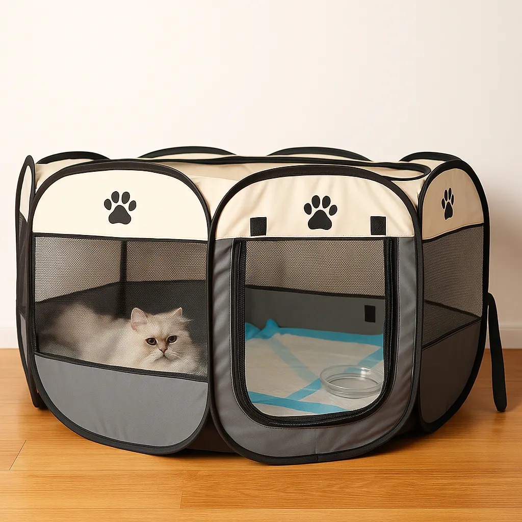 Cercado pet dobrável bege e cinza com um gato dentro e tapete higiênico no piso