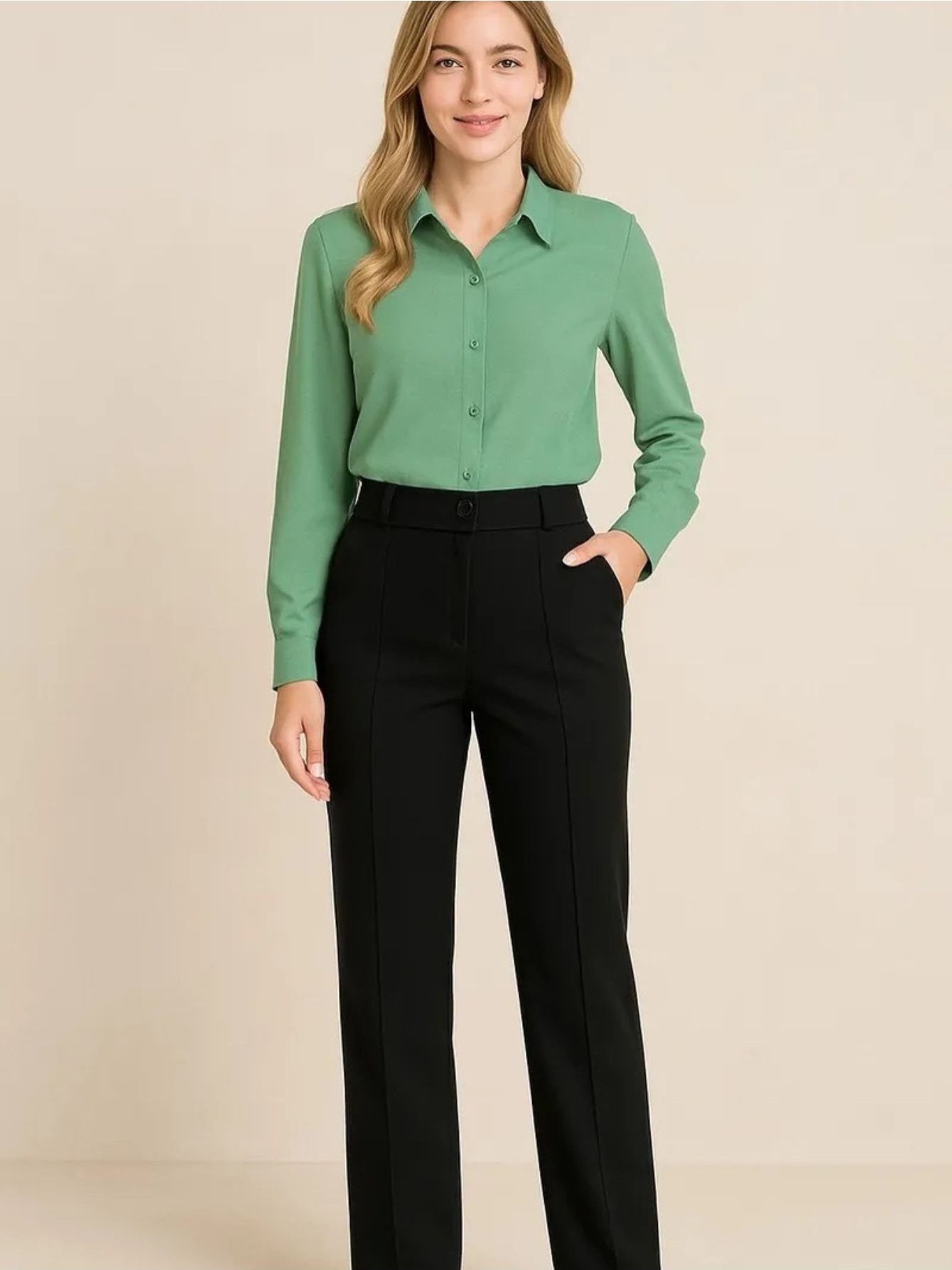 Vista lateral da calça feminina com cintura alta