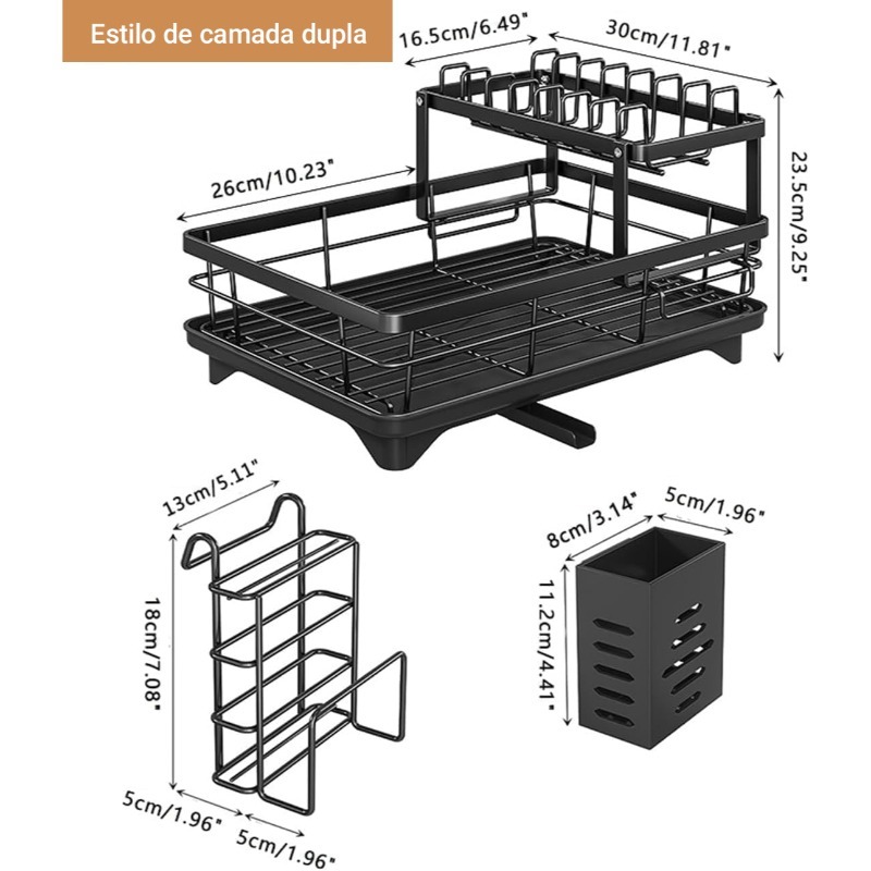 Diagrama técnico com as medidas detalhadas do escorredor de pratos e seus acessórios