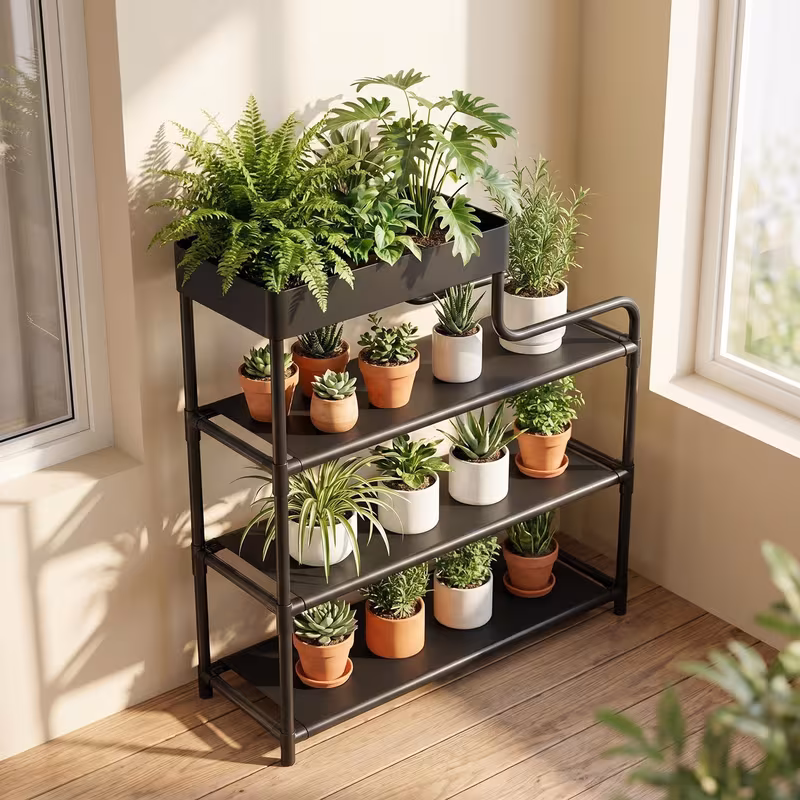 Estante organizadora de 4 andares repleta de plantas em vasos, posicionada perto de uma janela.