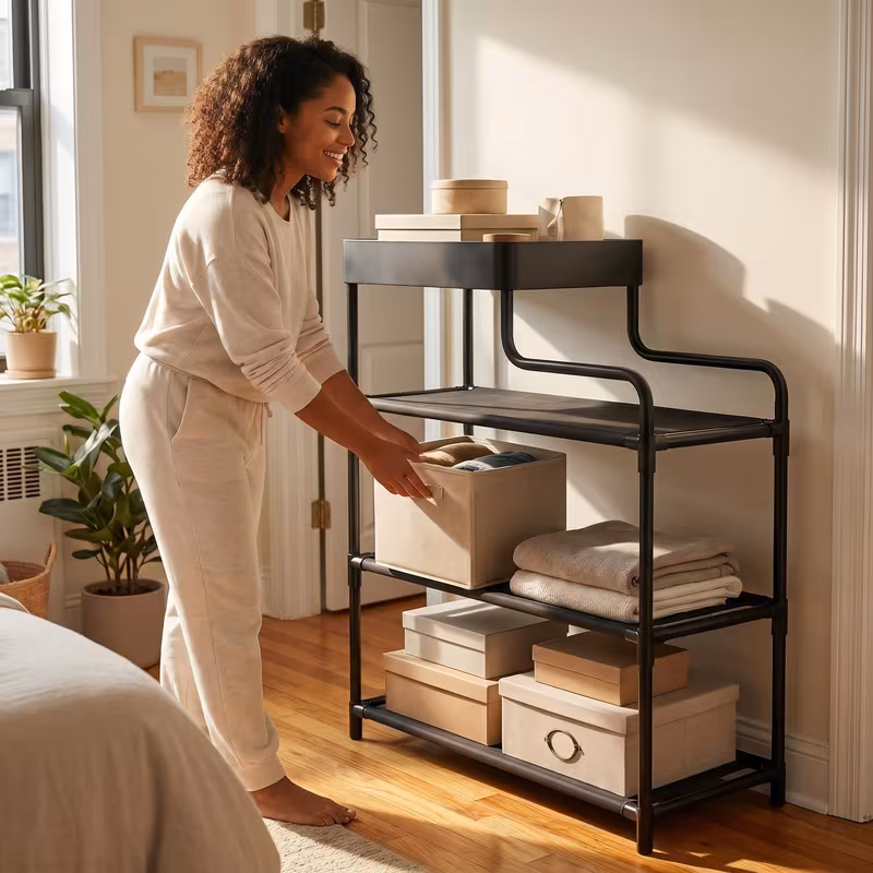 Mulher organizando caixas em uma estante multiuso de 4 andares em um quarto.