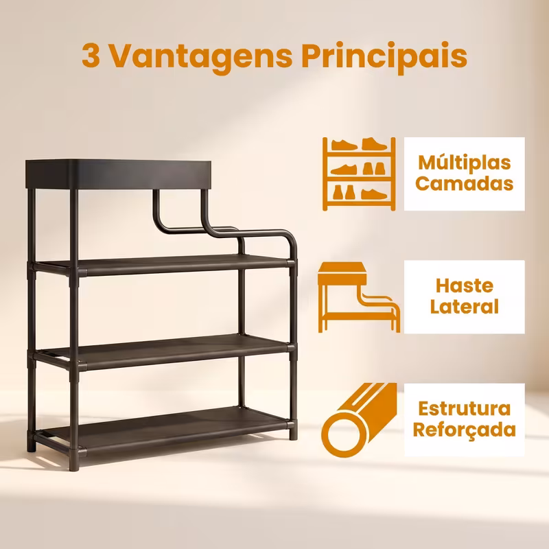 Diagrama da estante organizadora mostrando seus 3 benefícios principais: múltiplas camadas, haste lateral e estrutura reforçada.