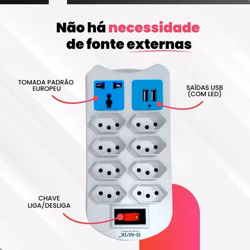 Régua extensão elétrica B-Max com setas indicando as características: chave liga/desliga, tomada padrão europeu e saídas USB com LED