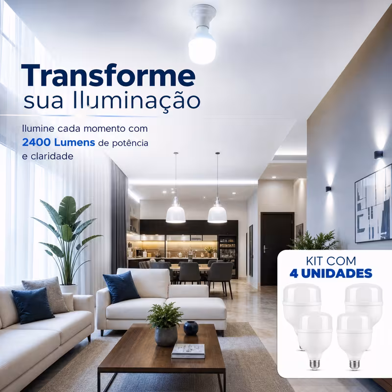 Exemplo de aplicação das lâmpadas LED em uma sala de estar moderna e iluminada.