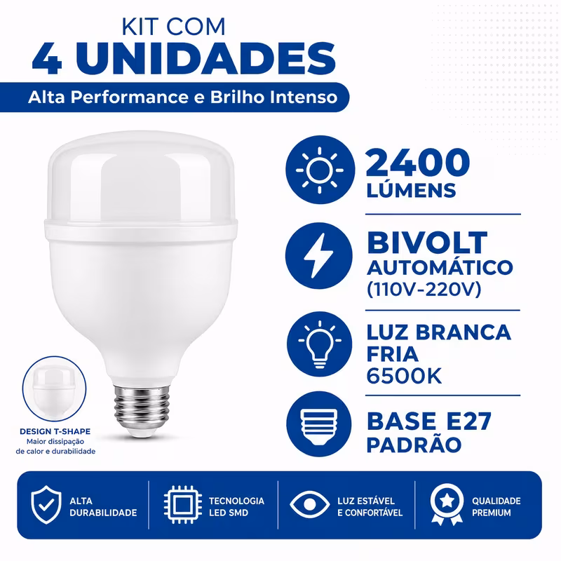 Infográfico detalhando especificações: 2400 lúmens, bivolt, luz branca fria 6500K e base E27.