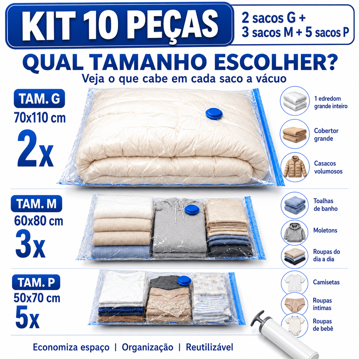   sacos a vácuo organizadores para roupas e cobertores
