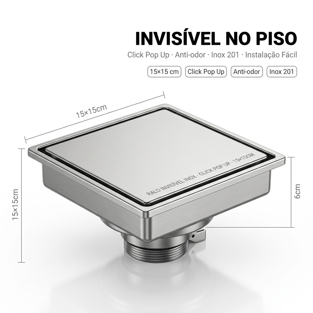 Ralo Invisível Inox 15x15 Click Pop Up Banheiro Anticheiro Fácil Instalação Moderno