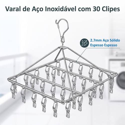 imagem do item quadrado de aço inoxidável com 30 , dobrável e anti‑vento, gancho giratório 360°, anti‑ para secar meias, roupas íntimas e pequenas peças 24×29cm