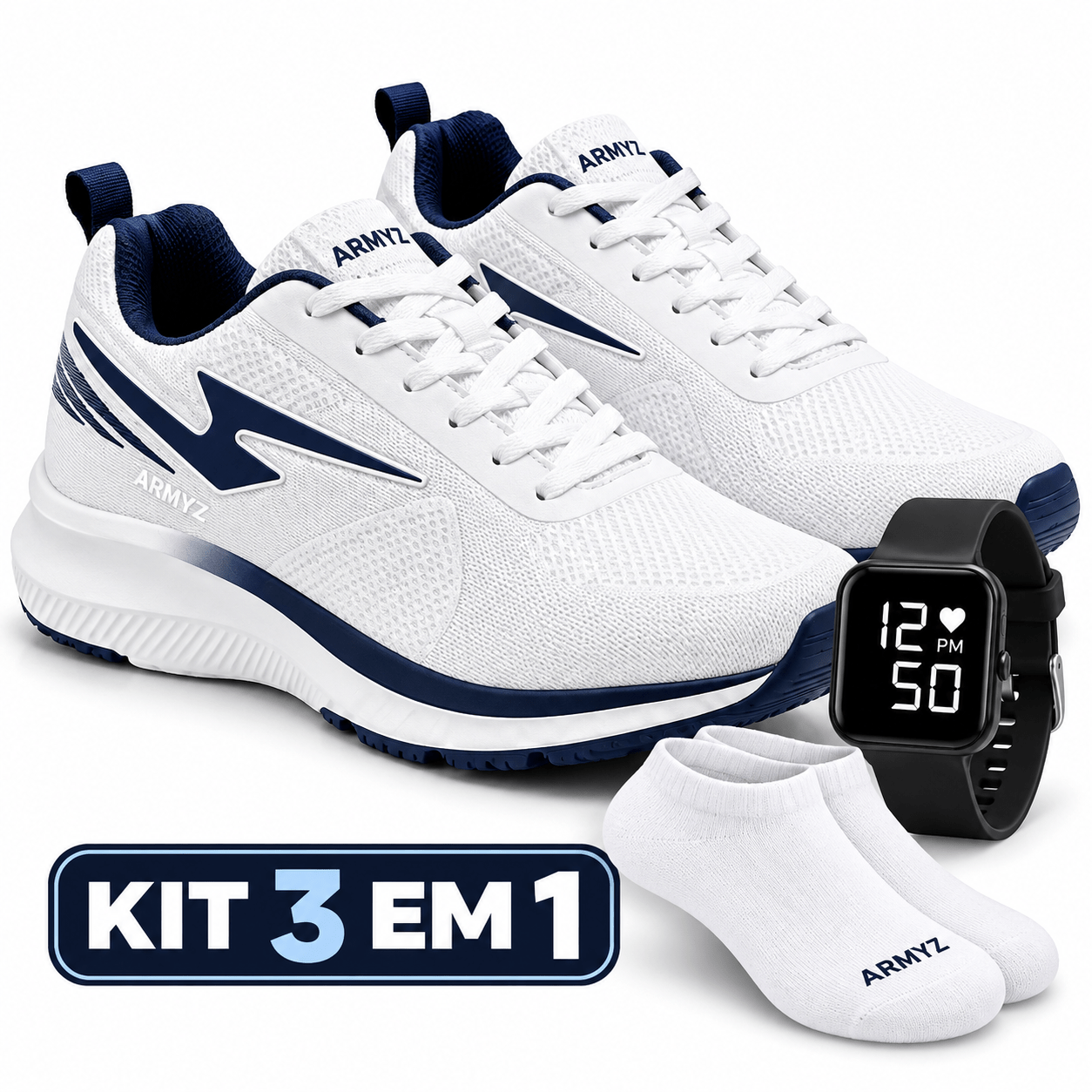 imagem do item kit masculino 3   com tênis   confortável + relógio   + par de meias para academia caminhada trabalho e uso diário